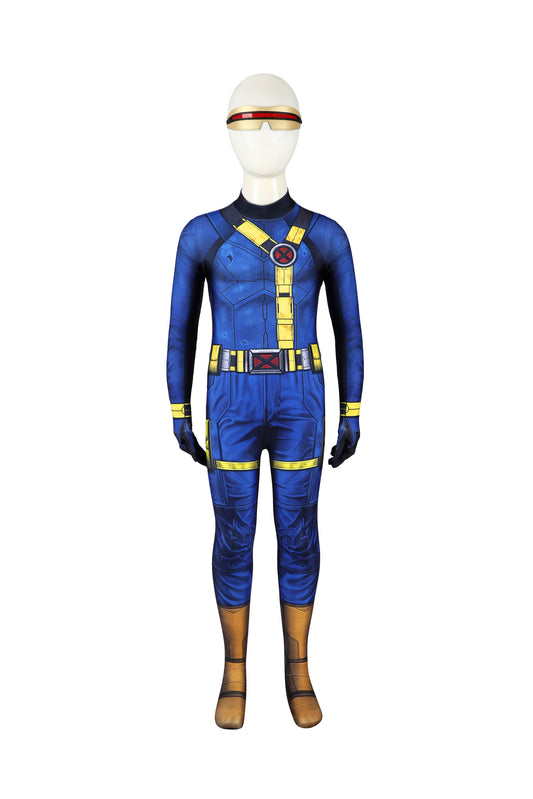 COSKEYFM Kid Scott Summers Cosplay Jumpsuit with Eye Mask 3D Print Avengers 5 Doomsday Cyclops Kids Costume,