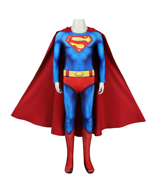 COSKEYFM Kid Superman Costume Classic Blue Red Jumpsuit with Red Cloak Halloween Cosplay Party Outfit 1978 moive Christopher Reeve