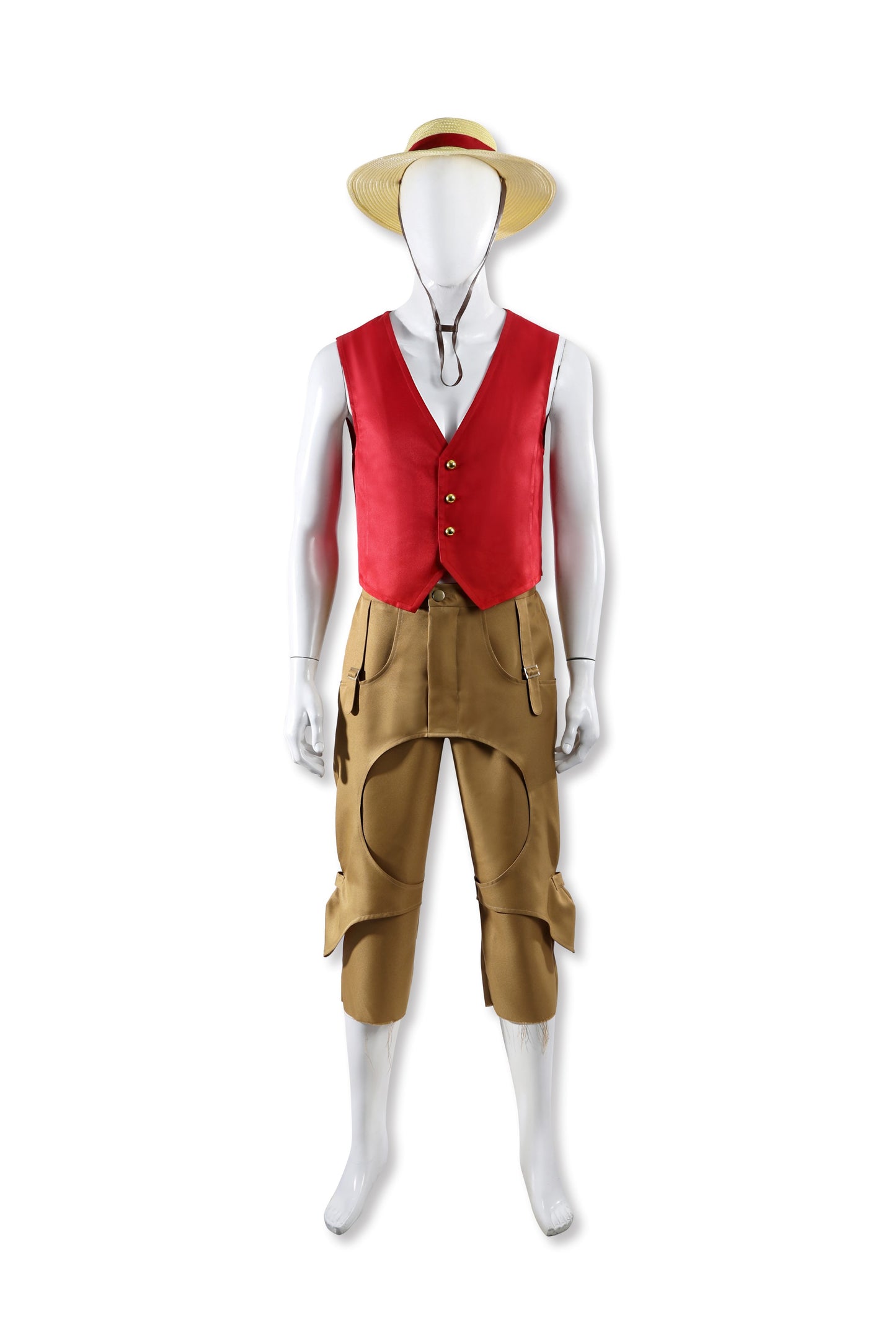 COSKEYFM Monkey D. Luffy Cosplay Costume - One Piece Live Action Straw Hat Outfit for Adults | Red Vest & Khaki Pants Set with Straw Hat | Authentic Anime Cosplay for Halloween & Comic Con