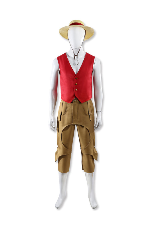 COSKEYFM Monkey D. Luffy Cosplay Costume - One Piece Live Action Straw Hat Outfit for Adults | Red Vest & Khaki Pants Set with Straw Hat | Authentic Anime Cosplay for Halloween & Comic Con