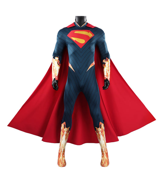 COSKEYFM Absolute Superman Cosplay Jumpsuit with Red Cape, Adult Men Superhero Halloween Party Full Set Outfit